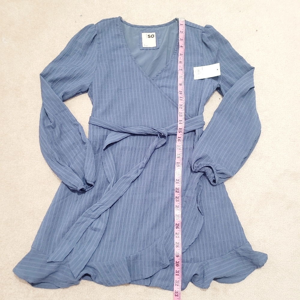 SO Woman's Faux Wrap Ruffle Hem Dress Blue Textured Long Sleeve Size Medium NEW - Picture 9 of 13